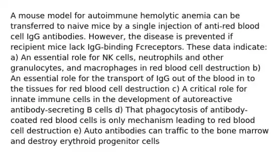 A mouse model for autoimmune hemolytic anemia can be transferred to naive mice by a single injection of anti‐red blood cell IgG antibodies. However, the disease is prevented if recipient mice lack IgG‐binding Fcreceptors. These data indicate: a) An essential role for NK cells, neutrophils and other granulocytes, and macrophages in red blood cell destruction b) An essential role for the transport of IgG out of <a href='https://www.questionai.com/knowledge/k7oXMfj7lk-the-blood' class='anchor-knowledge'>the blood</a> in to the tissues for red blood cell destruction c) A critical role for innate immune cells in the development of autoreactive antibody‐secreting B cells d) That phagocytosis of antibody‐coated red blood cells is only mechanism leading to red blood cell destruction e) Auto antibodies can traffic to the bone marrow and destroy erythroid progenitor cells