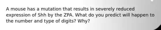 A mouse has a mutation that results in severely reduced expression of Shh by the ZPA. What do you predict will happen to the number and type of digits? Why?