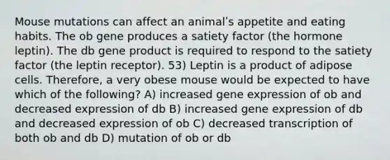 Mouse mutations can affect an animalʹs appetite and eating habits. The ob gene produces a satiety factor (the hormone leptin). The db gene product is required to respond to the satiety factor (the leptin receptor). 53) Leptin is a product of adipose cells. Therefore, a very obese mouse would be expected to have which of the following? A) increased gene expression of ob and decreased expression of db B) increased gene expression of db and decreased expression of ob C) decreased transcription of both ob and db D) mutation of ob or db