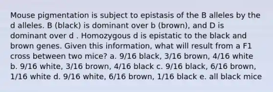 Mouse pigmentation is subject to epistasis of the B alleles by the d alleles. B (black) is dominant over b (brown), and D is dominant over d . Homozygous d is epistatic to the black and brown genes. Given this information, what will result from a F1 cross between two mice? a. 9/16 black, 3/16 brown, 4/16 white b. 9/16 white, 3/16 brown, 4/16 black c. 9/16 black, 6/16 brown, 1/16 white d. 9/16 white, 6/16 brown, 1/16 black e. all black mice