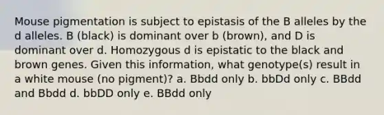 Mouse pigmentation is subject to epistasis of the B alleles by the d alleles. B (black) is dominant over b (brown), and D is dominant over d. Homozygous d is epistatic to the black and brown genes. Given this information, what genotype(s) result in a white mouse (no pigment)? a. Bbdd only b. bbDd only c. BBdd and Bbdd d. bbDD only e. BBdd only