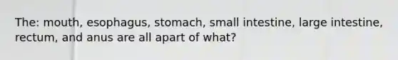 The: mouth, esophagus, stomach, small intestine, large intestine, rectum, and anus are all apart of what?