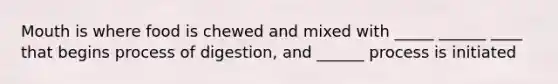 Mouth is where food is chewed and mixed with _____ ______ ____ that begins process of digestion, and ______ process is initiated