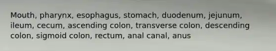 Mouth, pharynx, esophagus, stomach, duodenum, jejunum, ileum, cecum, ascending colon, transverse colon, descending colon, sigmoid colon, rectum, anal canal, anus