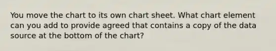 You move the chart to its own chart sheet. What chart element can you add to provide agreed that contains a copy of the data source at the bottom of the chart?