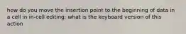 how do you move the insertion point to the beginning of data in a cell in in-cell editing; what is the keyboard version of this action