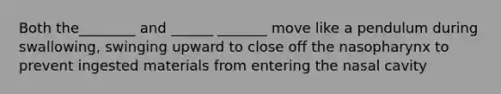 Both the________ and ______ _______ move like a pendulum during swallowing, swinging upward to close off the nasopharynx to prevent ingested materials from entering the nasal cavity