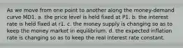 As we move from one point to another along the money-demand curve MD1, a. the price level is held fixed at P1. b. the interest rate is held fixed at r1. c. the money supply is changing so as to keep the money market in equilibrium. d. the expected inflation rate is changing so as to keep the real interest rate constant.