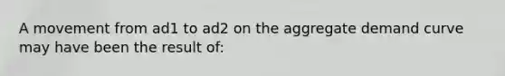 A movement from ad1 to ad2 on the aggregate demand curve may have been the result of: