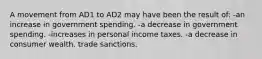 A movement from AD1 to AD2 may have been the result of: -an increase in government spending. -a decrease in government spending. -increases in personal income taxes. -a decrease in consumer wealth. trade sanctions.