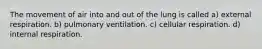 The movement of air into and out of the lung is called a) external respiration. b) pulmonary ventilation. c) cellular respiration. d) internal respiration.