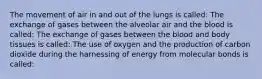 The movement of air in and out of the lungs is called: The exchange of gases between the alveolar air and the blood is called: The exchange of gases between the blood and body tissues is called: The use of oxygen and the production of carbon dioxide during the harnessing of energy from molecular bonds is called: