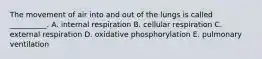 The movement of air into and out of the lungs is called __________. A. internal respiration B. cellular respiration C. external respiration D. oxidative phosphorylation E. pulmonary ventilation