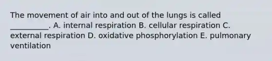 The movement of air into and out of the lungs is called __________. A. internal respiration B. cellular respiration C. external respiration D. oxidative phosphorylation E. pulmonary ventilation