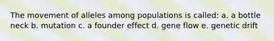 The movement of alleles among populations is called: a. a bottle neck b. mutation c. a founder effect d. gene flow e. genetic drift