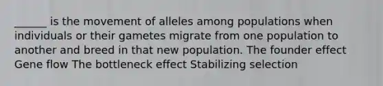 ______ is the movement of alleles among populations when individuals or their gametes migrate from one population to another and breed in that new population. The founder effect Gene flow The bottleneck effect Stabilizing selection