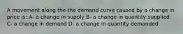 A movement along the the demand curve caused by a change in price is: A- a change in supply B- a change in quantity supplied C- a change in demand D- a change in quantity demanded