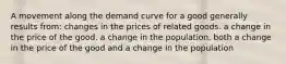 A movement along the demand curve for a good generally results from: changes in the prices of related goods. a change in the price of the good. a change in the population. both a change in the price of the good and a change in the population