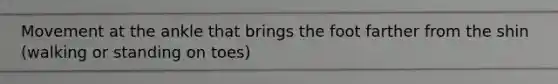 Movement at the ankle that brings the foot farther from the shin (walking or standing on toes)