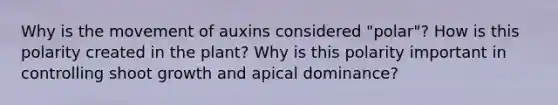 Why is the movement of auxins considered "polar"? How is this polarity created in the plant? Why is this polarity important in controlling shoot growth and apical dominance?