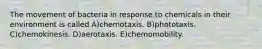 The movement of bacteria in response to chemicals in their environment is called A)chemotaxis. B)phototaxis. C)chemokinesis. D)aerotaxis. E)chemomobility.