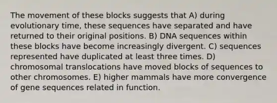 The movement of these blocks suggests that A) during evolutionary time, these sequences have separated and have returned to their original positions. B) DNA sequences within these blocks have become increasingly divergent. C) sequences represented have duplicated at least three times. D) chromosomal translocations have moved blocks of sequences to other chromosomes. E) higher mammals have more convergence of gene sequences related in function.