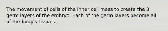 The movement of cells of the inner cell mass to create the 3 germ layers of the embryo. Each of the germ layers become all of the body's tissues.