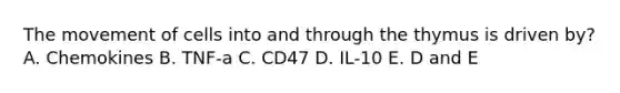 The movement of cells into and through the thymus is driven by? A. Chemokines B. TNF-a C. CD47 D. IL-10 E. D and E