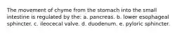 The movement of chyme from the stomach into the small intestine is regulated by the: a. pancreas. b. lower esophageal sphincter. c. ileocecal valve. d. duodenum. e. pyloric sphincter.