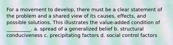 For a movement to develop, there must be a clear statement of the problem and a shared view of its causes, effects, and possible solutions. This illustrates the value-added condition of __________. a. spread of a generalized belief b. structural conduciveness c. precipitating factors d. social control factors