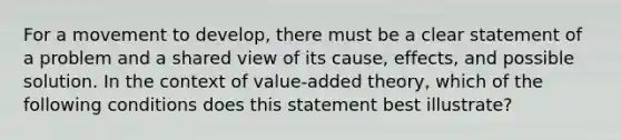 For a movement to develop, there must be a clear statement of a problem and a shared view of its cause, effects, and possible solution. In the context of value-added theory, which of the following conditions does this statement best illustrate?