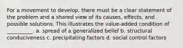 For a movement to develop, there must be a clear statement of the problem and a shared view of its causes, effects, and possible solutions. This illustrates the value-added condition of __________.​ a. ​spread of a generalized belief b. ​structural conduciveness c. ​precipitating factors d. ​social control factors