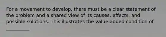 For a movement to develop, there must be a clear statement of the problem and a shared view of its causes, effects, and possible solutions. This illustrates the value-added condition of __________.