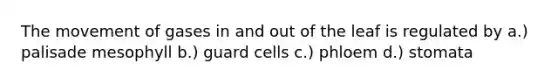 The movement of gases in and out of the leaf is regulated by a.) palisade mesophyll b.) guard cells c.) phloem d.) stomata