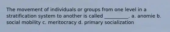 The movement of individuals or groups from one level in a stratification system to another is called __________. a. anomie b. social mobility c. meritocracy d. primary socialization