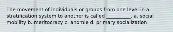 The movement of individuals or groups from one level in a stratification system to another is called __________. a. <a href='https://www.questionai.com/knowledge/kwMCQRIHge-social-mobility' class='anchor-knowledge'>social mobility</a> b. meritocracy c. anomie d. primary socialization