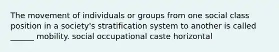 The movement of individuals or groups from one social class position in a society's stratification system to another is called ______ mobility. social occupational caste horizontal