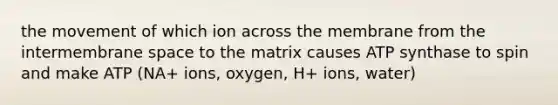 the movement of which ion across the membrane from the intermembrane space to the matrix causes ATP synthase to spin and make ATP (NA+ ions, oxygen, H+ ions, water)