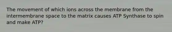 The movement of which ions across the membrane from the intermembrane space to the matrix causes ATP Synthase to spin and make ATP?