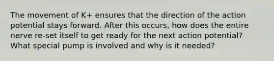 The movement of K+ ensures that the direction of the action potential stays forward. After this occurs, how does the entire nerve re-set itself to get ready for the next action potential? What special pump is involved and why is it needed?