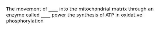 The movement of ____ into the mitochondrial matrix through an enzyme called ____ power the synthesis of ATP in <a href='https://www.questionai.com/knowledge/kFazUb9IwO-oxidative-phosphorylation' class='anchor-knowledge'>oxidative phosphorylation</a>