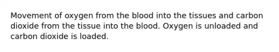 Movement of oxygen from the blood into the tissues and carbon dioxide from the tissue into the blood. Oxygen is unloaded and carbon dioxide is loaded.