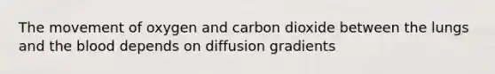 The movement of oxygen and carbon dioxide between the lungs and <a href='https://www.questionai.com/knowledge/k7oXMfj7lk-the-blood' class='anchor-knowledge'>the blood</a> depends on diffusion gradients