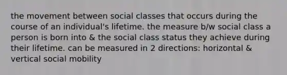 the movement between social classes that occurs during the course of an individual's lifetime. the measure b/w social class a person is born into & the social class status they achieve during their lifetime. can be measured in 2 directions: horizontal & vertical social mobility