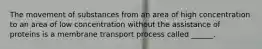 The movement of substances from an area of high concentration to an area of low concentration without the assistance of proteins is a membrane transport process called ______.