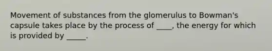 <a href='https://www.questionai.com/knowledge/kPg59iw1QI-movement-of-substances' class='anchor-knowledge'>movement of substances</a> from the glomerulus to Bowman's capsule takes place by the process of ____, the energy for which is provided by _____.