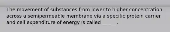 The <a href='https://www.questionai.com/knowledge/kPg59iw1QI-movement-of-substances' class='anchor-knowledge'>movement of substances</a> from lower to higher concentration across a semipermeable membrane via a specific protein carrier and cell expenditure of energy is called ______.