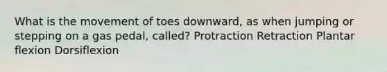 What is the movement of toes downward, as when jumping or stepping on a gas pedal, called? Protraction Retraction Plantar flexion Dorsiflexion