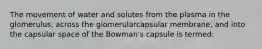 The movement of water and solutes from the plasma in the glomerulus, across the glomerularcapsular membrane, and into the capsular space of the Bowman's capsule is termed: