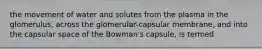 the movement of water and solutes from the plasma in the glomerulus, across the glomerular-capsular membrane, and into the capsular space of the Bowman's capsule, is termed